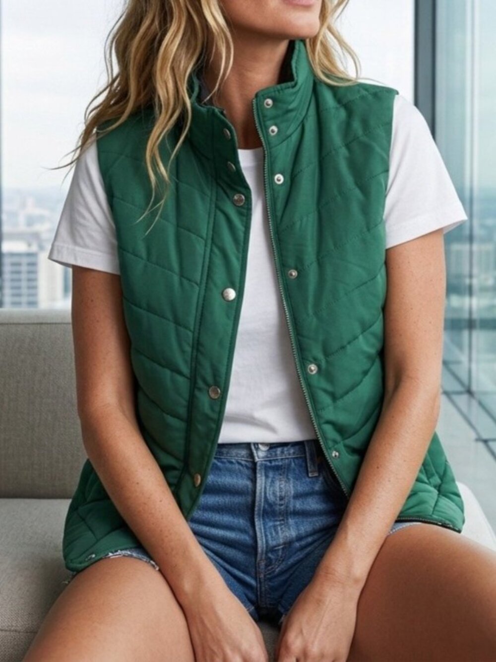 Jones New York Signature Reversible Quilted Puffer Vest Green Black Medium